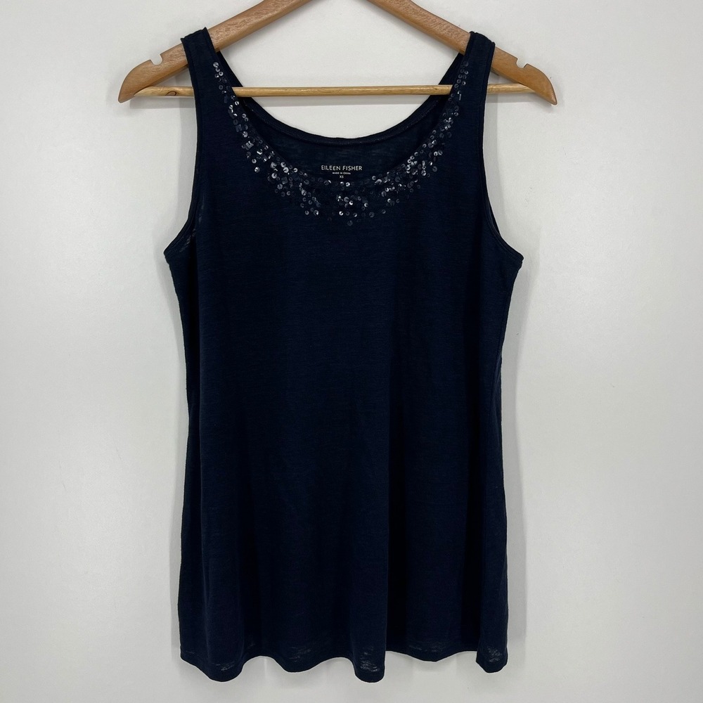 Eileen Fisher Women XS Navy Blue 100% Linen Sequin Scoop Neck Tank Top